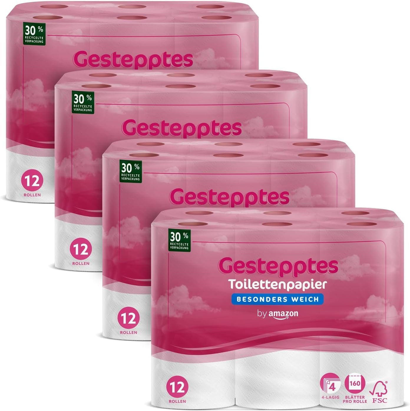 By Amazon Hârtie igienică, 4 straturi matlasate, extra moale, 48 de role (12 role, pachet de 4), 160 de foi pe rolă, certificată Fsc