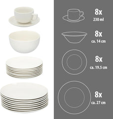 alpina Geschirrset 8 Personen - 40-teiliges Steingut Geschirr - Teller Set mit Speiseteller, Schalen und Kaffeebecher - Camping Geschirr - Mikrowelle- und Spülmaschinengeeignet - Weiß