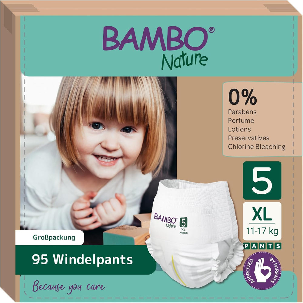 Bambo Nature bleer, størrelse 5 (11-17 kg) - Månedlig æske med 95 | Bleer med forbedret lækagebeskyttelse | Ultimativ komfort og frihed for aktive børn | Dermatologisk testede bleer