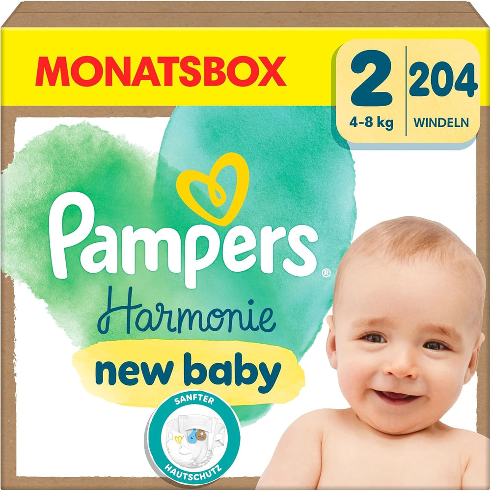 Pampers Harmony bleer størrelse 2, 204 bleer, 4 kg-8 kg, skånsom hudbeskyttelse med 100 % Pampers beskyttelse