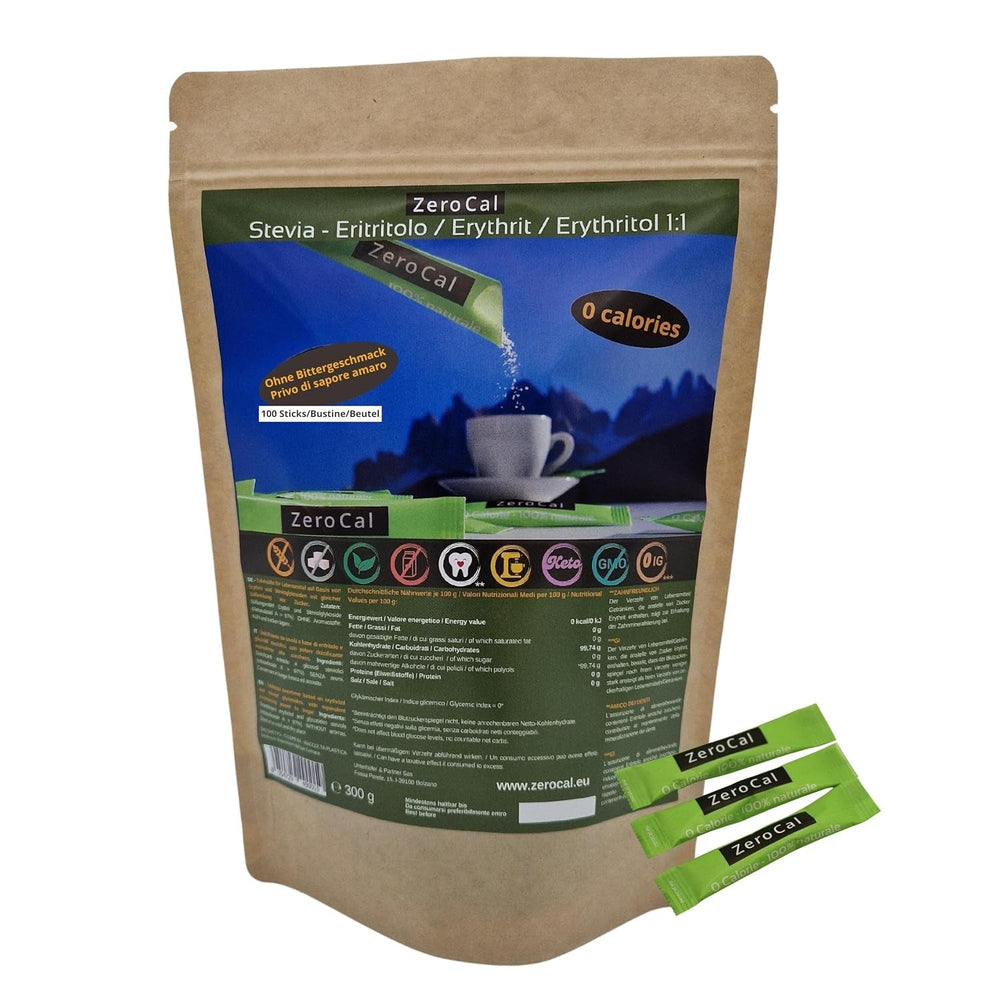Zerocal - 1:1 (Erythrit + Stevia) 100 Sticks Je 3 G | Ideal Zum Süßen Von Kaffee, Tee Und Andere Getränke | Gleiche Süßkraft Von Zucker | Glutenfrei, Vegan, Gmo-Free | Kalorien Und GI = 0 Indulcitori Naty Shop Default Title
