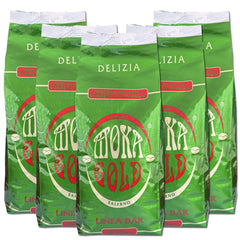 Linia Moka Gold Delizia – 5 pliculețe a câte 1 kg fiecare – Boabe de cafea cu gust rafinat – Amestec robust de Arabica – Ideal pentru baruri și restaurante – Ambalat cu aromă – Prăjit manual – Campania