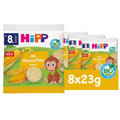 HiPP økologiske majsvafler med mango (8 x 23 g), snack til babyer fra 8 måneder, kun sødet med frugt og grøntsager, glutenfri, bedste økologiske kvalitet