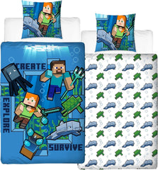 Minecraft Sengetøj Kinderbettwäsche Jugendbettwäsche 135X200 · Unterwasserwelt · Wende Motiv · Kissenbezug 80X80 + Bettbezug 135X200 Cm · 100% Baumwolle · Deutsche Größe Naty Shop