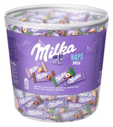 Milka Naps Mix – Mini chokolade firkanter i 4 sortimenter: alpemælk, jordbær, hasselnødder, kakaocreme – 1 x 1 kg