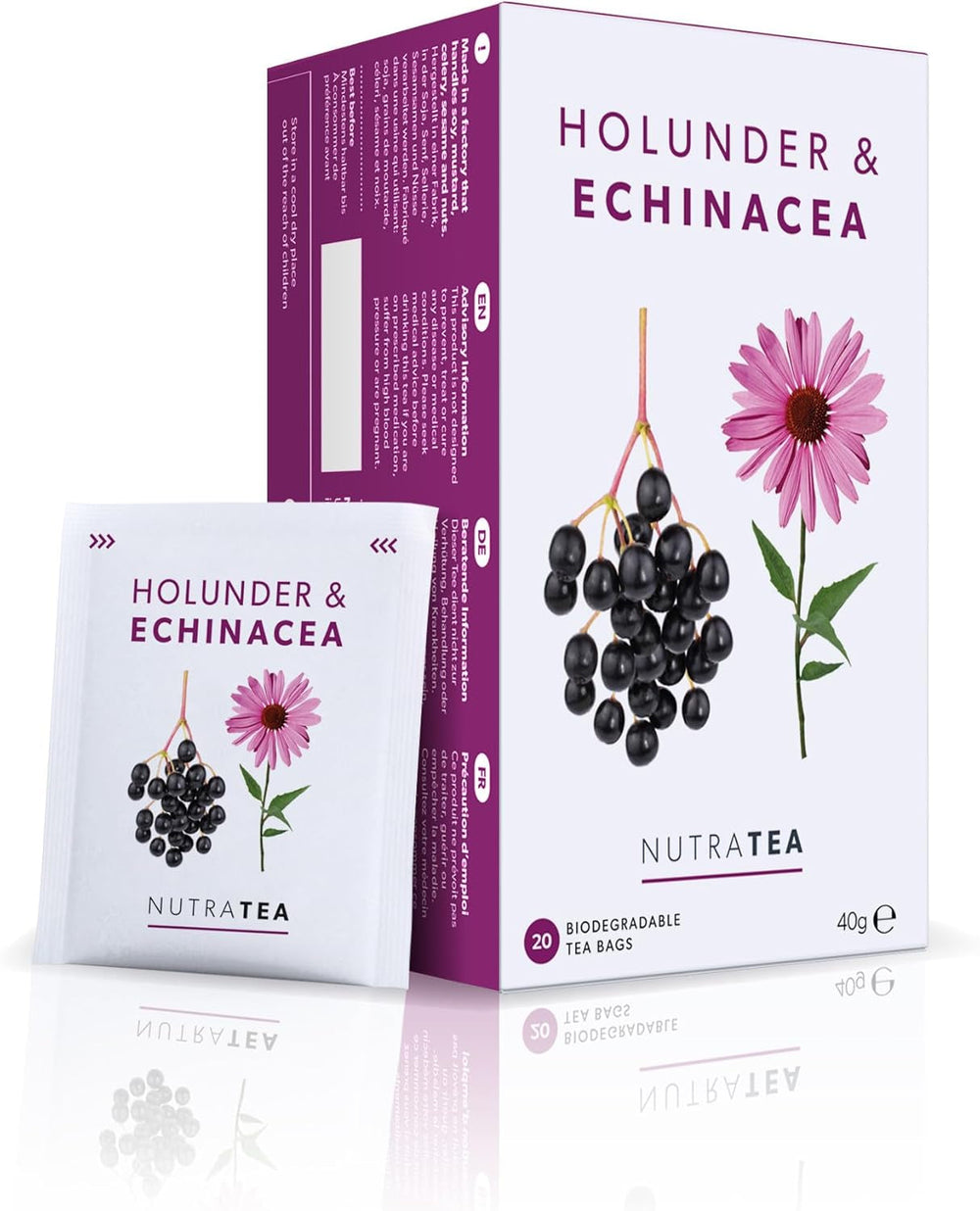 Nutra Tea Fructe de soc și echinaceea, ceai pentru imunitate și răceli, ceai pentru susținerea sistemului imunitar, pentru combaterea răcelilor, 20 pliculețe de ceai reutilizabile, ceai natural din plante