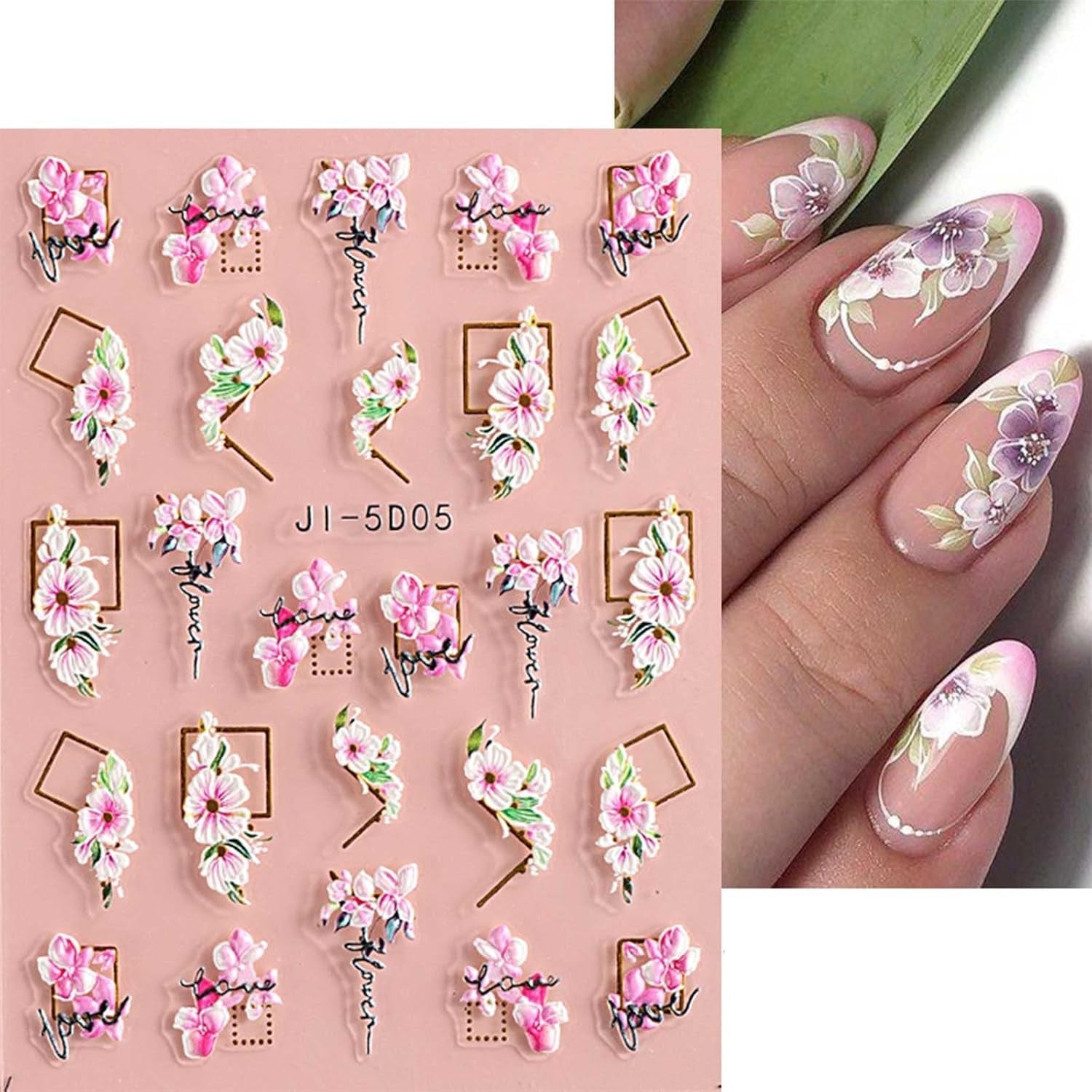JMEOWIO 3D Nagelsticker Frühling Blume Nail Art Sticker Selbstklebend Nagelaufkleber 5D Stereoskopisch Buntes Sommer Blumen Dekoration Nageldesign Zubehör 4 Blatt
