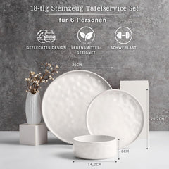 Set de veselă pentru 6 persoane, set de veselă din gresie cu 18 piese, set de farfurii glazurate cu glazură reactivă, farfurii de cină, farfurii de desert și boluri pentru cereale, potrivit pentru cuptorul cu microunde și mașina de spălat vase, alb pătat