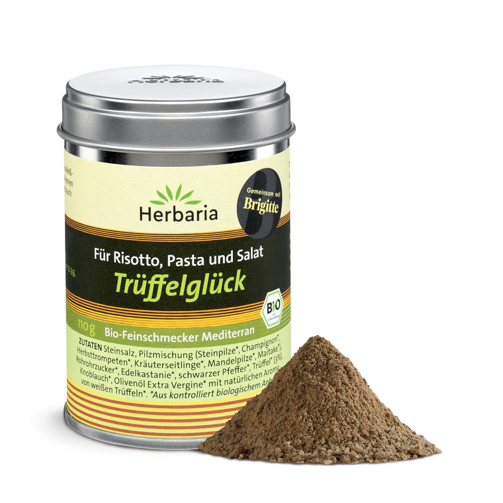 Herbaria Trüffelglück bio 110g M-Dosis - Fertiges Bio-Pilz- & Trufflegewürz for intensiv-köstliche Gerichte - mit erlesenen Ingrediens - i nachhaltiger Aromaschutz-Dose