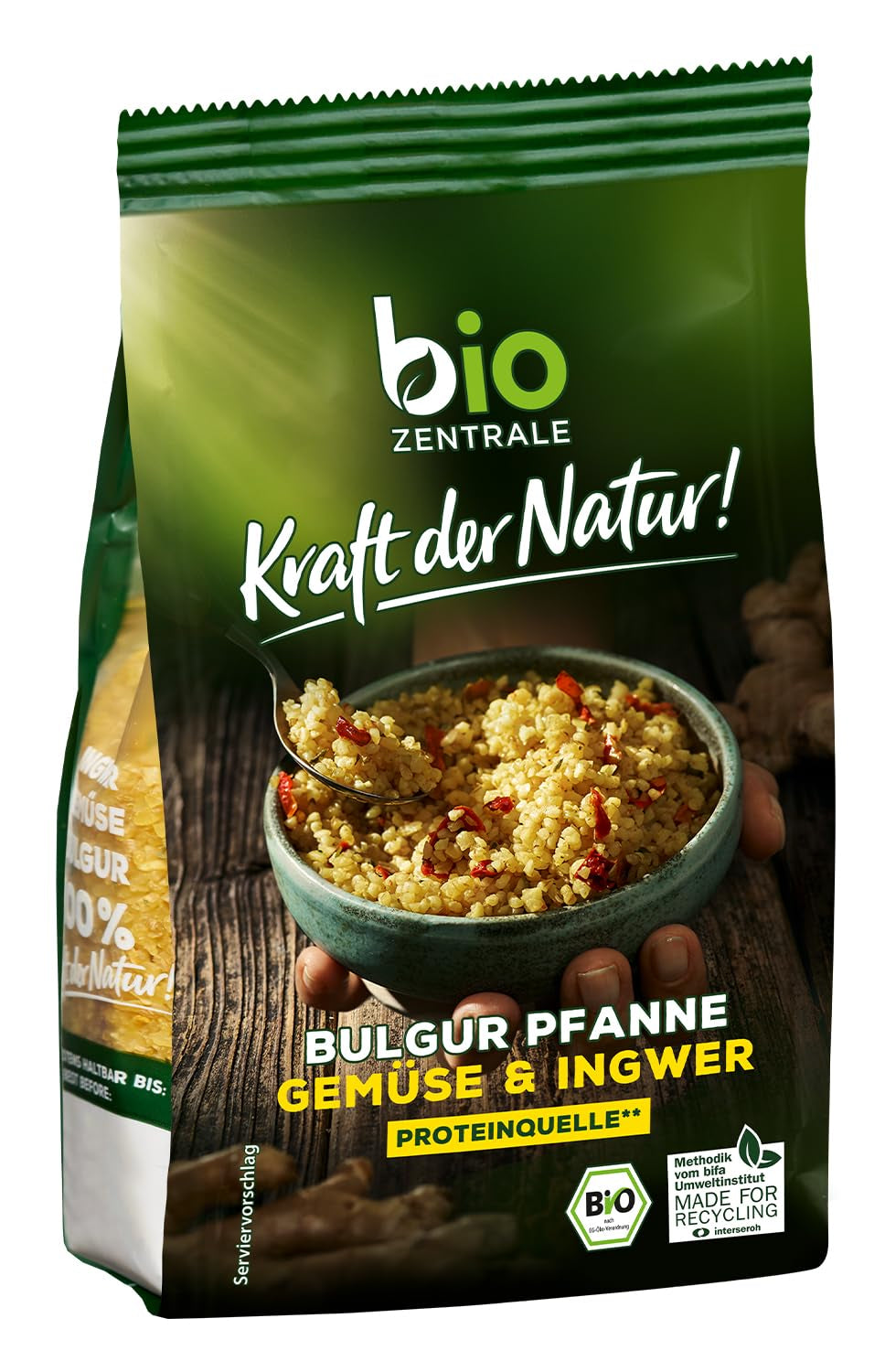 Biozentrale Bulgur i bakke med grøntsager og ingefær | 200 g perfekt til et hurtigt takeaway måltid | kilde til vegansk protein | let at tilberede