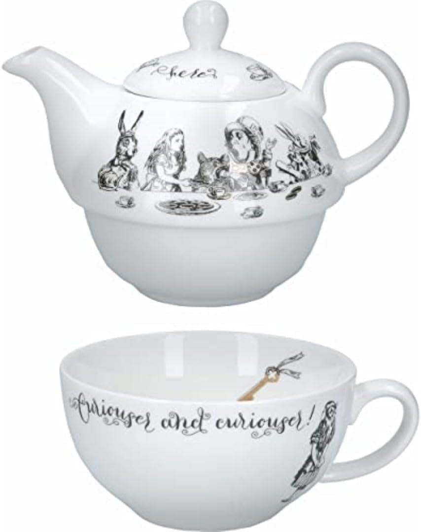 Set ceainic și ceașcă Alice în Țara Minunilor pentru 1 persoană în cutie cadou, serviciu de ceai din porțelan fin, alb, 250 ml
