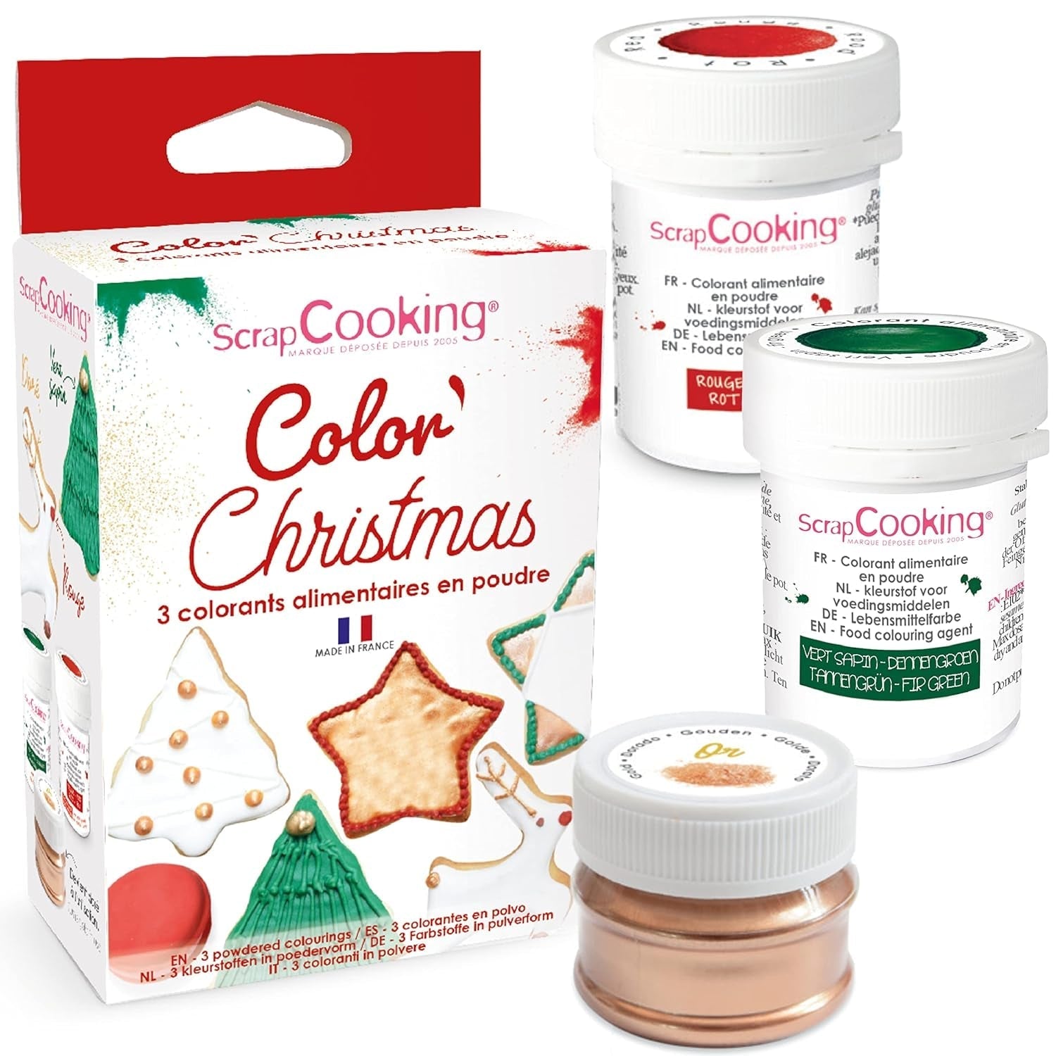 Scrapcooking - Set de 3 coloranți alimentari pudră de Crăciun - Roșu, Verde, Auriu - Colorant alimentar comestibil pentru copt, prăjituri, fursecuri, produse de patiserie, aluat, fondant - Decorațiuni de Crăciun - 4018