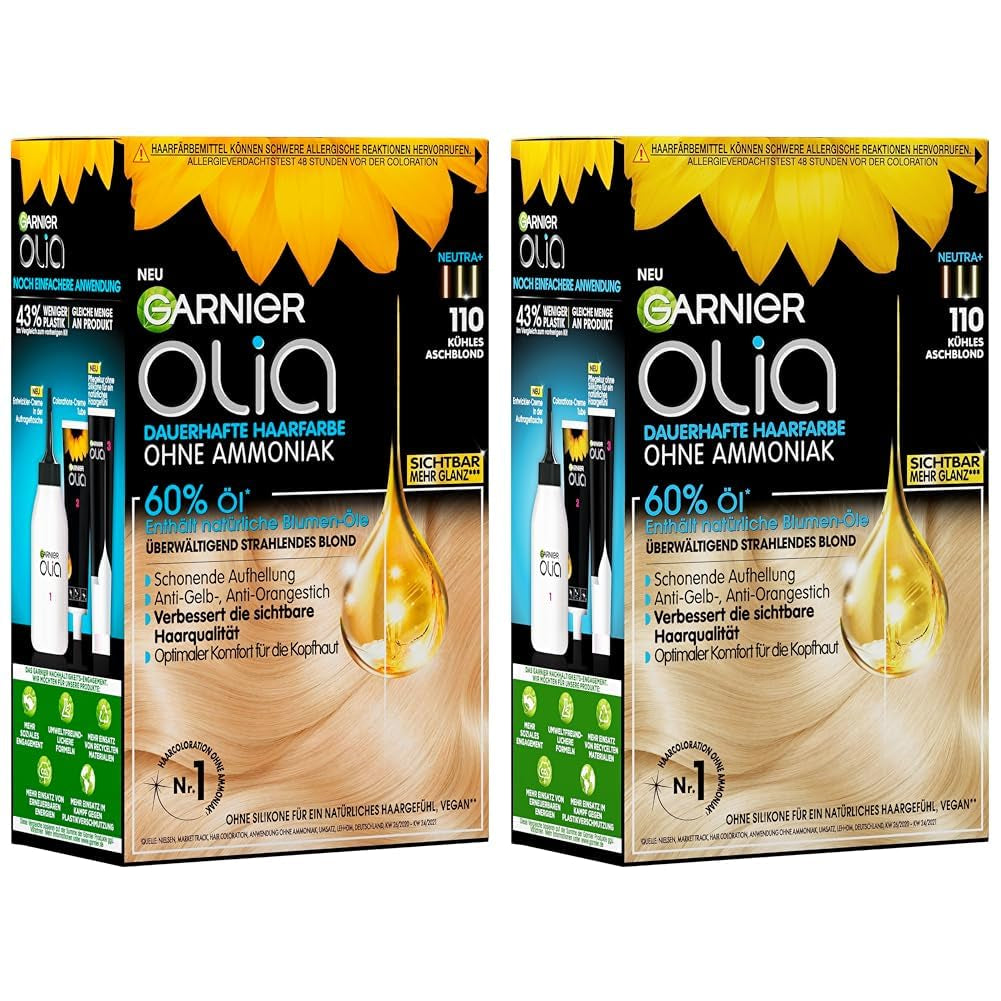 Garnier Olia 110 Cool Ash Blonde Vopsea permanentă fără amoniac, cu uleiuri naturale hrănitoare, acoperire completă a părului gri, colorare permanentă, 1 bucată (pachet de 2) Vopsea pentru par Naty Shop Titlu implicit
