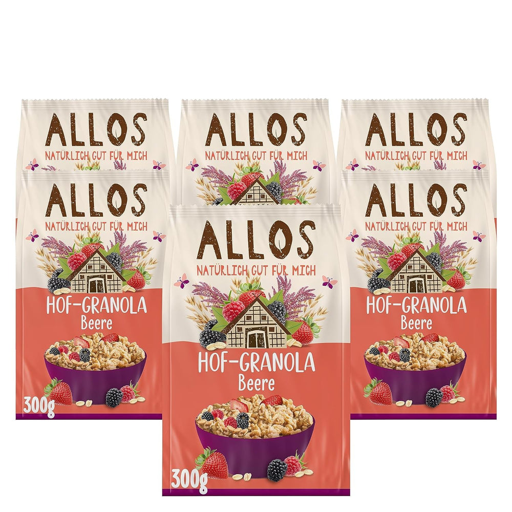 Allos Hof Granola med bær | Økologisk müsli | Müsli med bær | Sprød müsli | Korn til morgenmad | Pakke med 6 (6 x 300 g), 1 stk (pakke med 6)