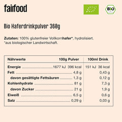 fairfood Bio Haferdrink Pulver 360g - nachhaltige Milchalternative - vegansk, glutenfri og ohne Öl - bis zu 4L Haferdrink - zum Selbermischen - 100% Bio-Vollkornhafer