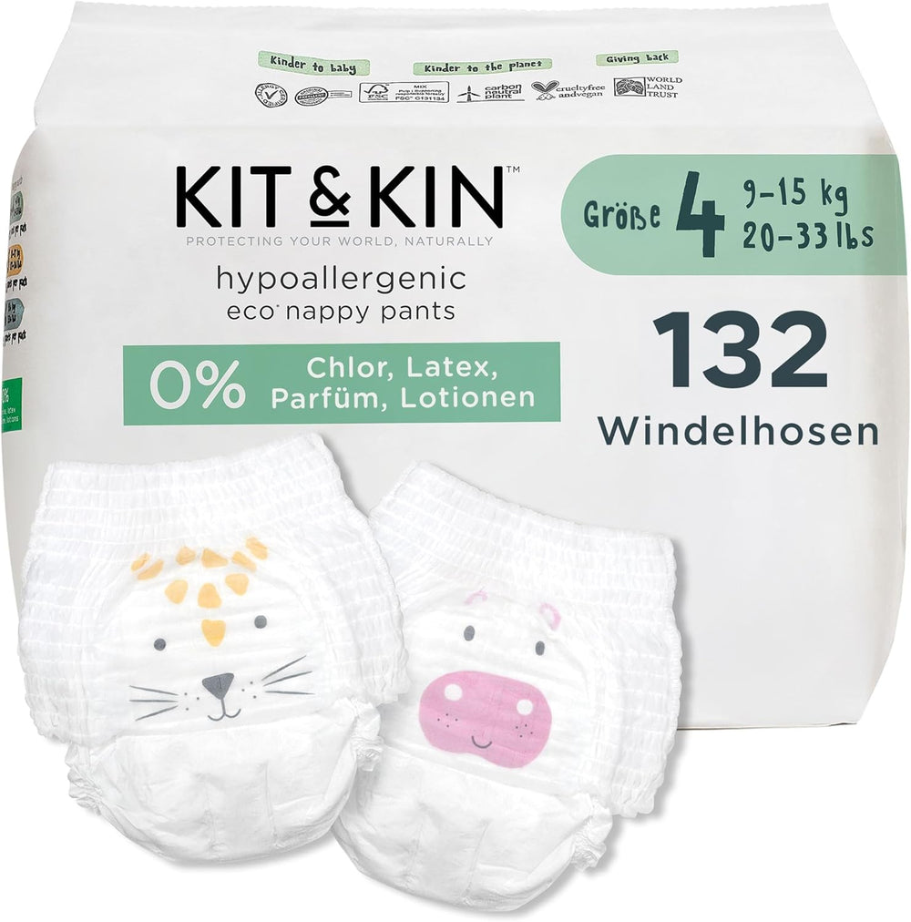 Kit & Kin Premium Eco-bleer, størrelse 4 (9-16 kg), 132 bleer, plantebaserede og allergivenlige, pålidelig lækagebeskyttelse, vegansk og grusomhedsfri
