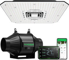 VIVOSUN Smart Grow System med 100W AeroLight A100SE LED-lampe med integreret cirkulationsventilator, AeroZesh T4 100mm 357m³/h kanalventilator og GrowHub E42A-controller til væksttelte og indendørs dyrkning
