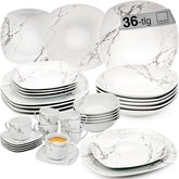 SÄNGER | Set de veselă combinat Bilgola din marmură, set de veselă cu 36 de piese pentru 6 persoane, cu farfurii de cină, farfurii de desert, farfurii de sumă, boluri pentru cereale, farfurii de cafea și farfurioare din porțelan, pătrat | COLECȚIA PREMIUM