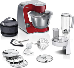 Foodprocessor Bosch Series 4 MUM5X720, integreret vægt, skål i rustfrit stål 3,9L, røremaskine 1,25L, 1000W Tilbehør Mad og Amning Baby Naty Shop Single Mørkerød/sølv 2 tilbehør