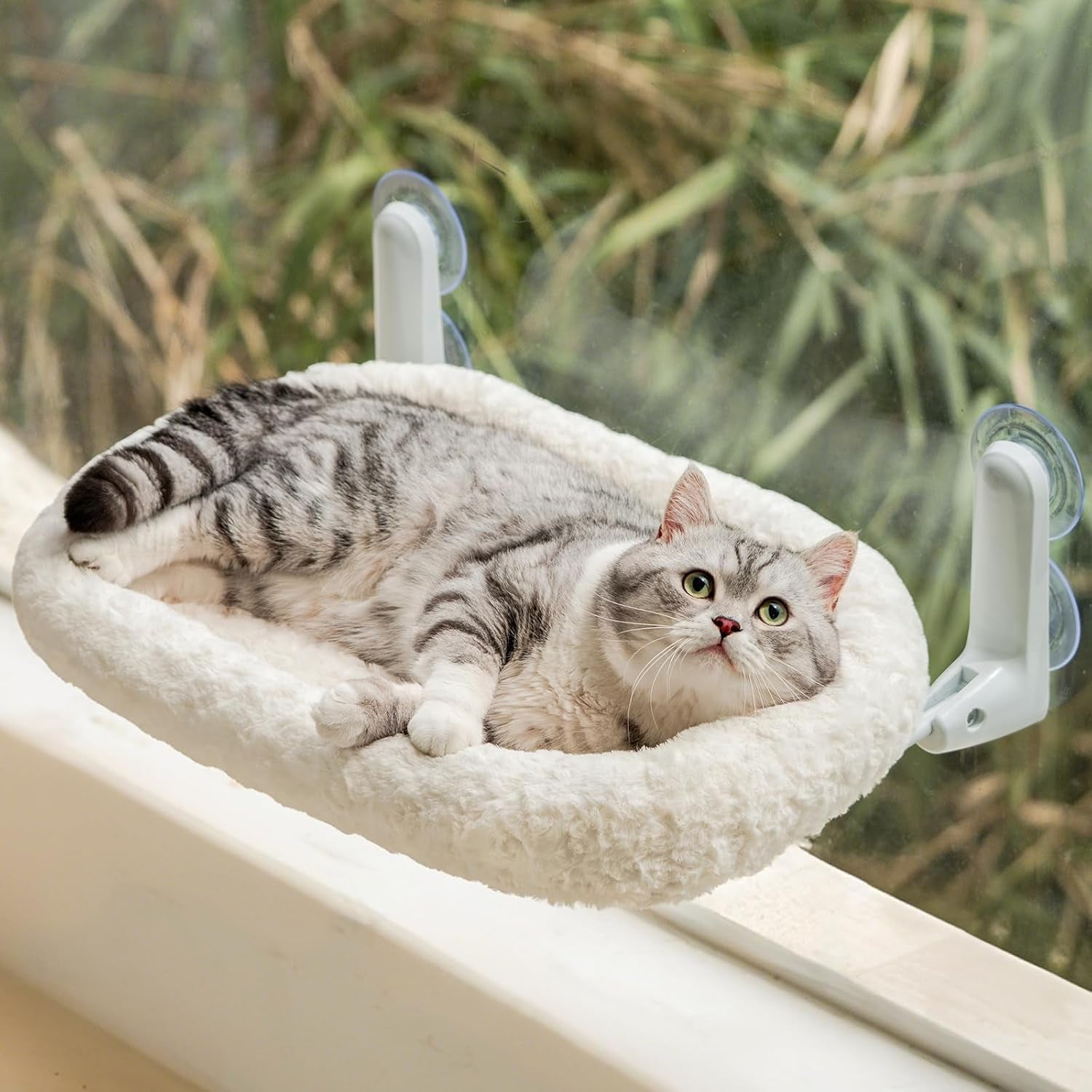 Șezlong pliabil pentru pisici EDAGNY, model plush, pentru plajă și privit - Șezlong pliabil pentru pisici, cu husă lavabilă și reversibilă - cadru robust din oțel, pentru o greutate de până la 15 kg, alb M