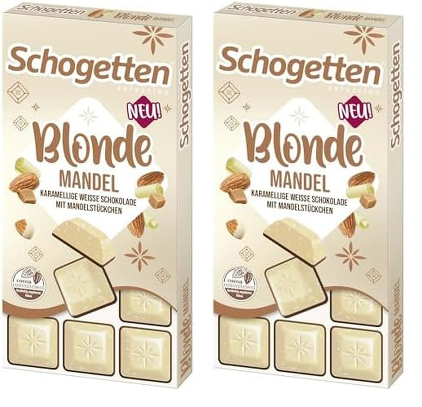 Schogetten Blonde Mandel | Hvid chokolade med karamel og mandelstykker | 100 g | Bekvemt portioneret (pakke med 2)