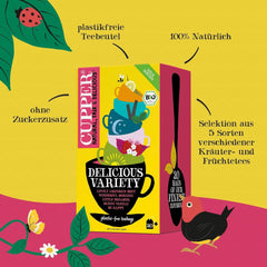 Set de ceaiuri bio Cupper Delicious Variety, 20 sortimente diferite de ceaiuri din plante și fructe, 20 pliculețe de ceai nealbite