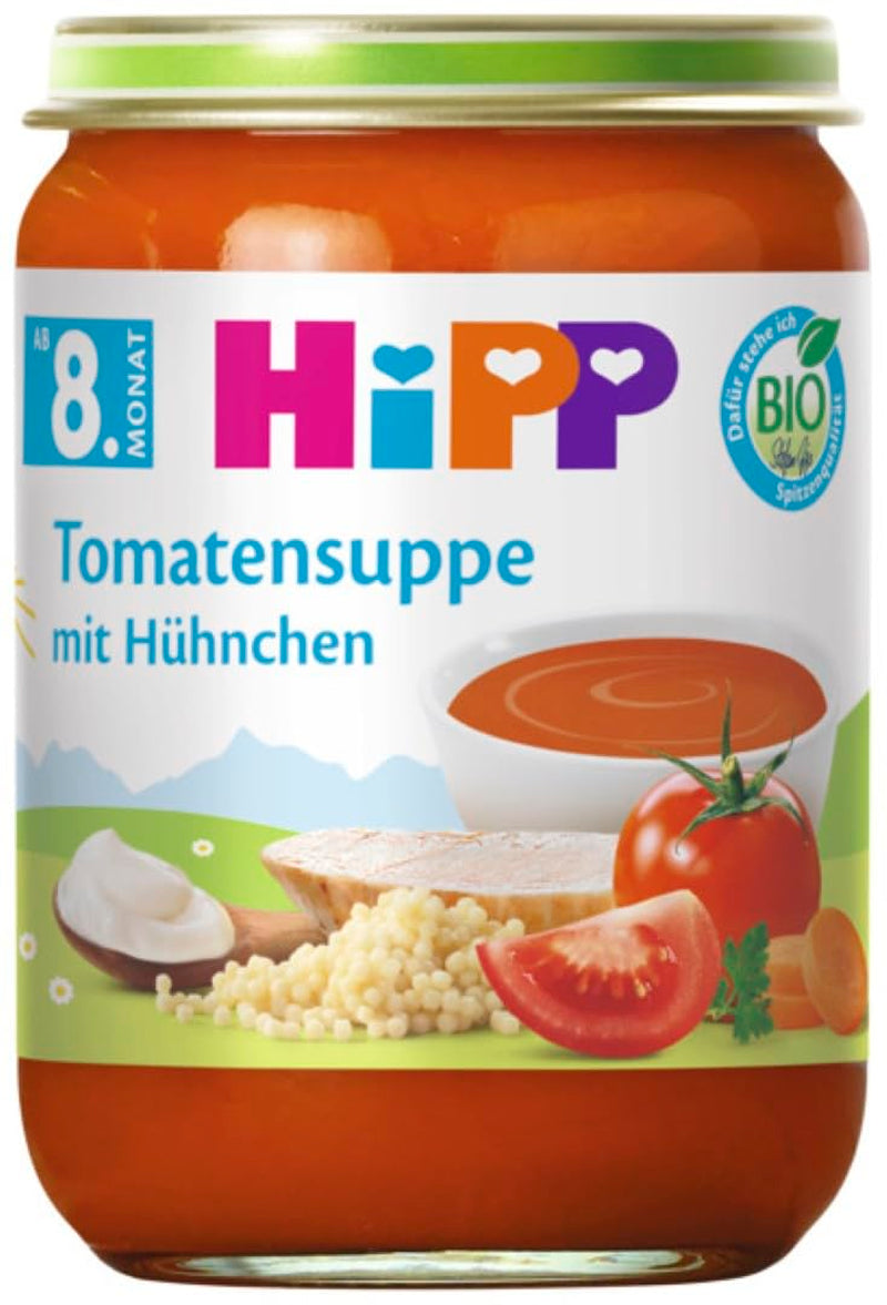 Økologisk HiPP Kyllingetomatsuppe (6 x 190g), fra 8 måneder, uden tilsat salt, med små stykker - til at lære at tygge, med Omega 3, af bedste økologiske kvalitet