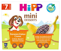 HiPP Mini Dessert Økologisk Banan og Kakaocreme (pakke med 6 x 4 x 100g), fra 7 måneder, i praktiske kopper, uden tilsat sukker, af bedste økologiske kvalitet