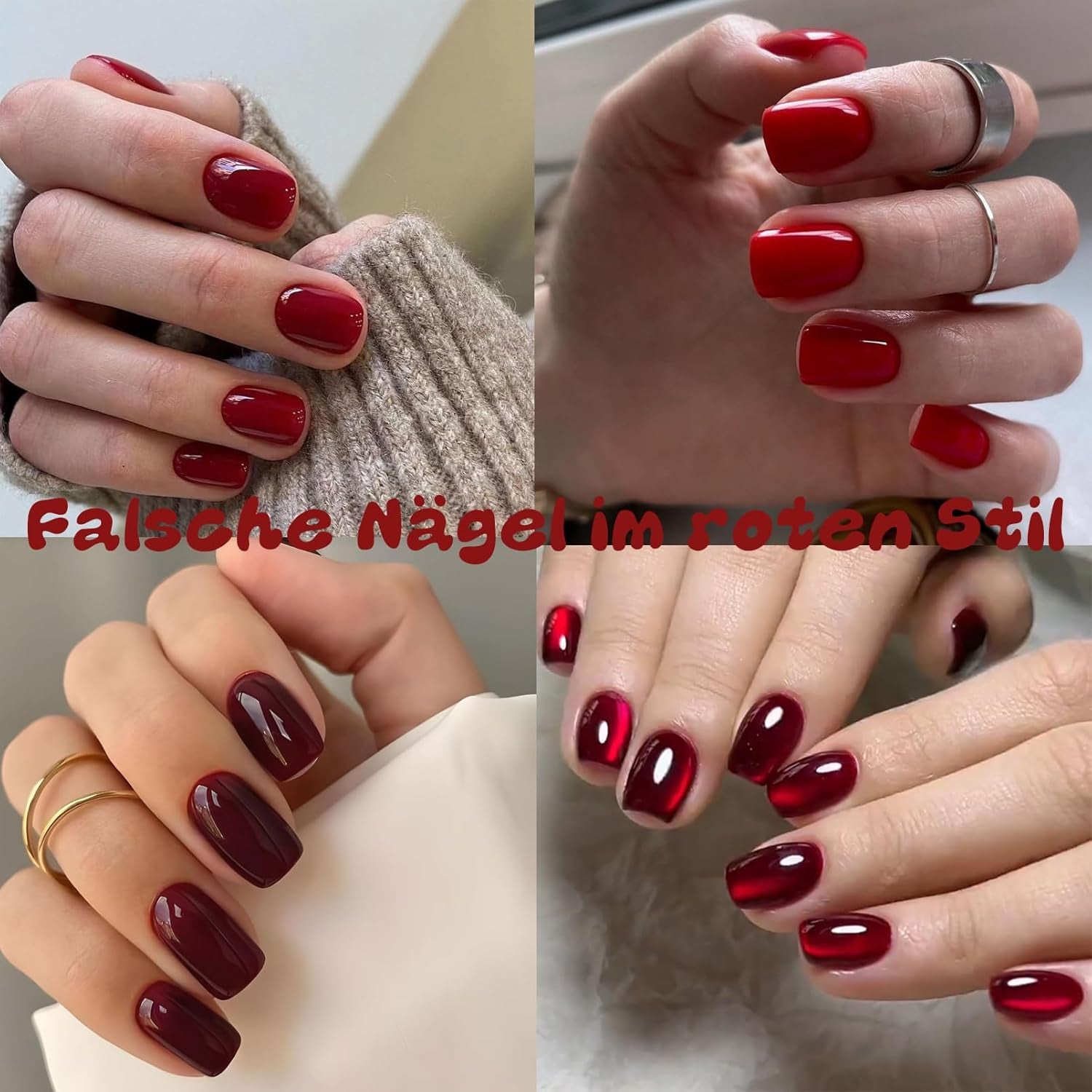 96 buc unghii scurte tip unghii acrilice roșii cu acoperire completă – Unghii artificiale lucioase de Anul Nou, naturale și confortabile pentru femei și fete (stil roșu și strălucitor)