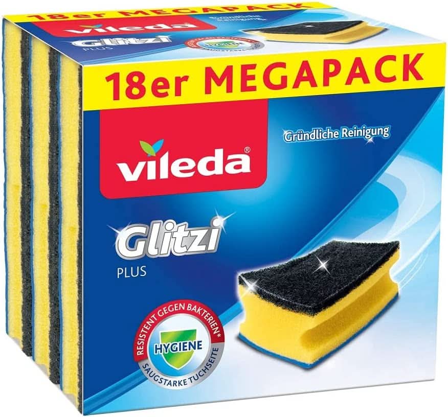 Vileda Glitzi, burete de spălat vase pentru bucătărie, cu efect antibacterian, foarte absorbant, pachet de 18 bucati Detergenti Bucatarie Naty Shop