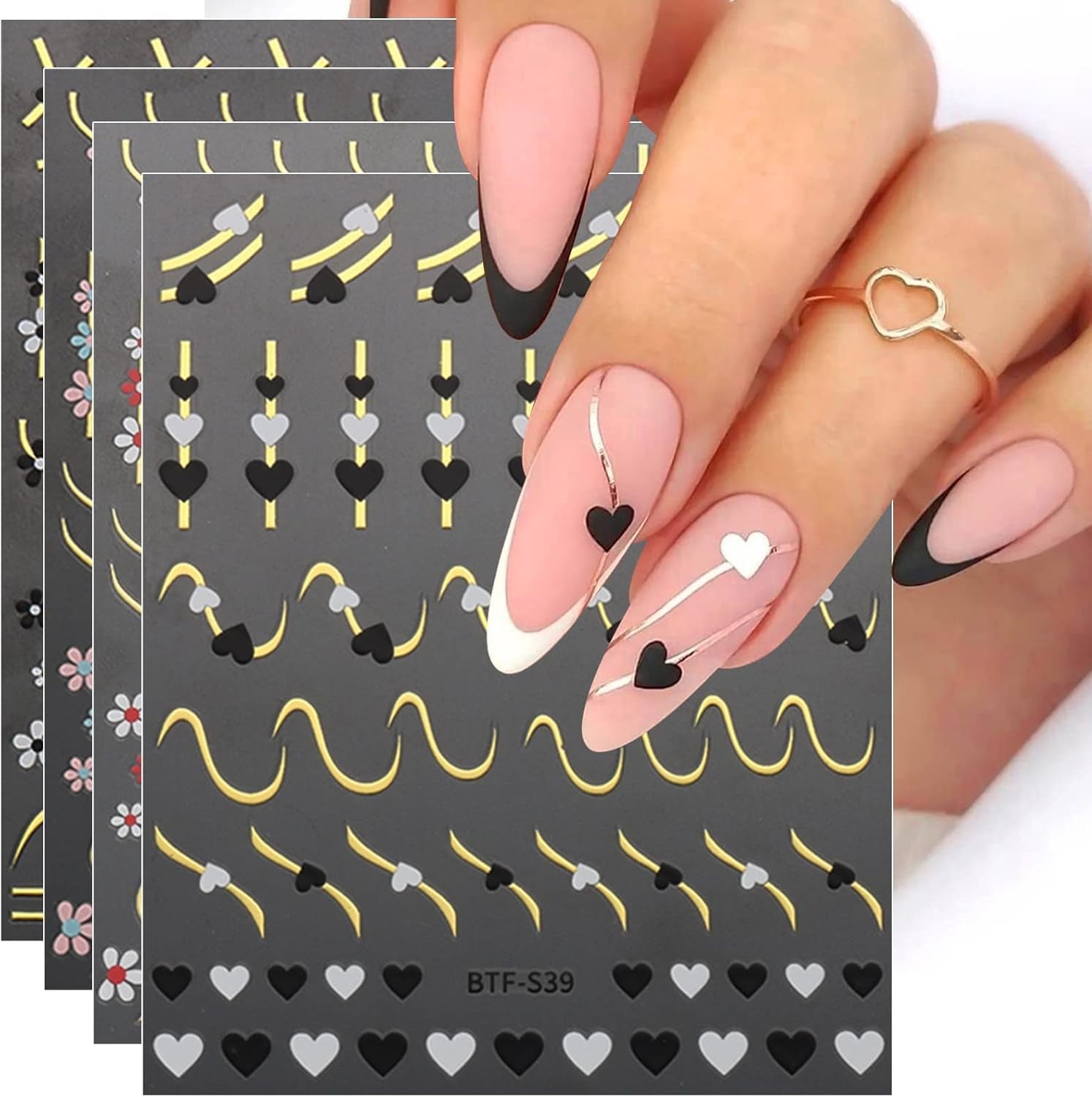 JMEOWIO Nagelsticker Herz Linien Blumen 9 Blatt Nail Art Sticker Selbstklebend Nagelaufkleber Bunte Dekoration Nageldesign Zubehör