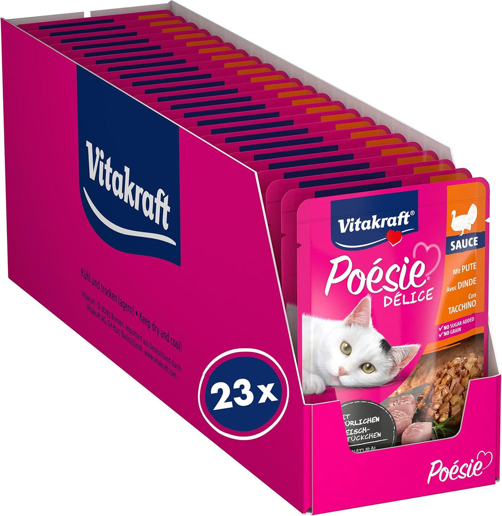 Vitakraft Poésie Délice, hrană umedă pentru pisici, hrană pentru pisici în sos, cu curcan, pachet vrac, fără zahăr adăugat sau cereale (23 x 85g)