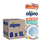 Alpro Kokosnussdrink ohne Zucker – Ohne Süßstoffe – Vegan und milchfrei – Von Natur aus lactosefrei und fettarm – Rich an Calcium und Vitaminen – 8 x 1 L