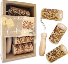ScrapCooking 3798 Christmas Cookie Roll Set – 3 Mini-Gebäckrollen aus Holz mit Motiven – Dekos mit Prägung – Form for Kekse, Sandgestrahlt, Kekse