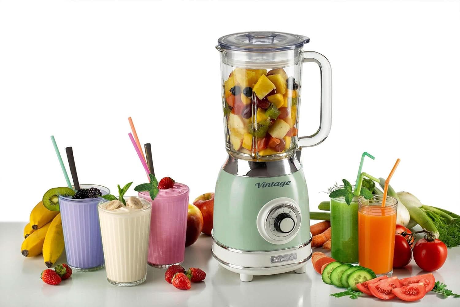 Ariete Vintage 583 Mixer Aus Glas, Retro Multifunktionsmixer Mit 4 Klingen, 4 Geschwindigkeiten + Pulse-Funktion, Ice-Crusher Funktion, 1,5 Liter Fassungsvermögen, 1000W, Grün Bucatarie Naty Shop