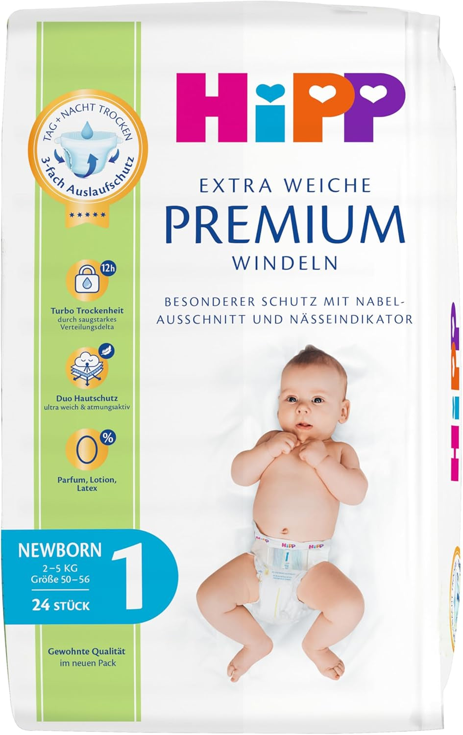 Ble HiPP Extra Soft Premium Størrelse 1 Nyfødt 2-5 kg, 72 stk (3 pakker á 24 stk), med 3-vejs lækagebeskyttelse og dobbelt hudbeskyttelse