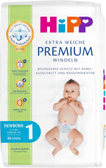 Ble HiPP Extra Soft Premium Størrelse 1 Nyfødt 2-5 kg, 72 stk (3 pakker á 24 stk), med 3-vejs lækagebeskyttelse og dobbelt hudbeskyttelse