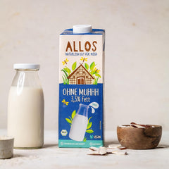 Allos Bio Ohne Muhhh 3,5% | Milchalternative | Drik auf Pflanzenbasis | vegansk | schäumbar | perfekt til kaffe laktosefri | Kilder til calcium og vitaminer | Reich an Protein | 1 liter (6 stykker)