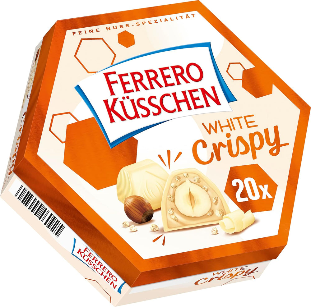 Ferrero Küsschen White Crispy - Valentinsdagsgave til ham og hende - Sprøde ristede hasselnødder i let creme med sprøde chips, dækket af hvid chokolade, 1 pakke med 20 individuelle praliner