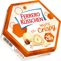 Ferrero Küsschen White Crispy - Valentinsdagsgave til ham og hende - Sprøde ristede hasselnødder i let creme med sprøde chips, dækket af hvid chokolade, 1 pakke med 20 individuelle praliner