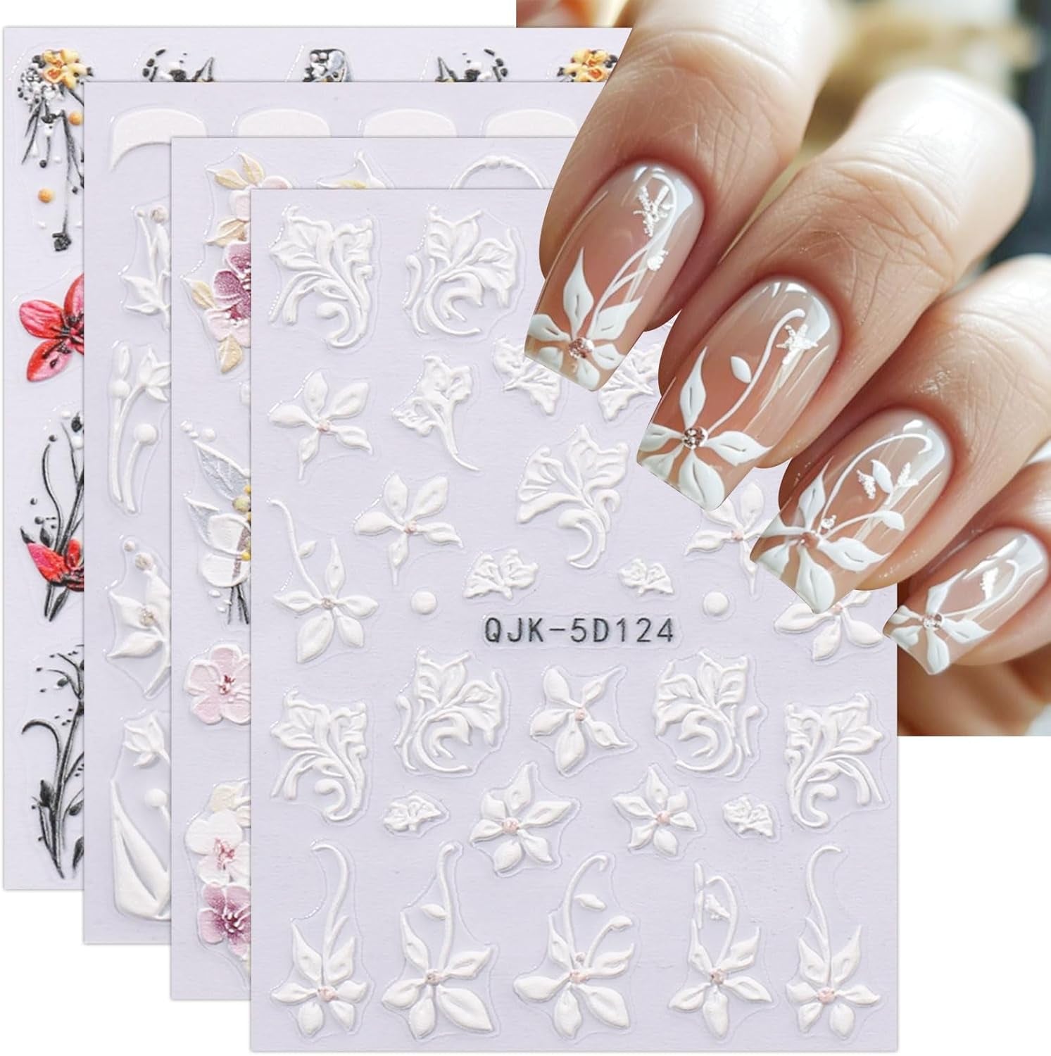 JMEOWIO 3D Nagelsticker Blumen Nail Art Sticker Selbstklebend Nagelaufkleber 5D Stereoskopisch Frühling Sommer Dekoration Nageldesign Zubehör 4 Blatt
