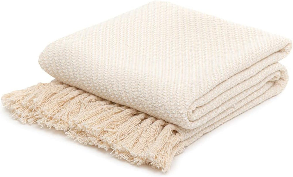 HOMLA Morris Plaidtæppe med bomuldsfrynser - Blødt og behageligt tæppe Bomuldstæppe - fint stof 130 X 170 Cm Ecru Senge og tæpper Besuche den HOMLA-Store Ecru