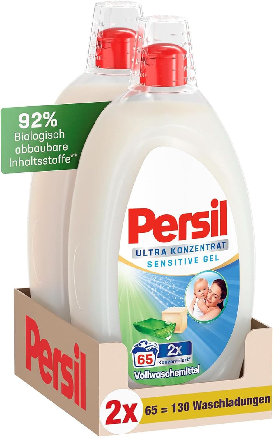 Persil Ultra Concentrate Sensitive Gel (130 vaske), Flydende vaskemiddel til allergier og babyer i en mindre flaske for mindre plastik, Fjerner vanskelige pletter, Dermatologisk testet Naty Shop Vaskevaskemidler