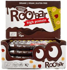 Højproteinchokoladeglaserede hasselnøddebarer - 100 % økologiske, veganske, frugtbarer, mælkefri, glutenfri, raffineret sukkerfri - 16 barer x 40 g