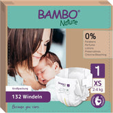Bambo Nature Babybleer, Størrelse 1 (2-4 kg), 132 Count Månedsæske | Premium bleer med forbedret lækagebeskyttelse | Ultimativ komfort og frihed for nyfødte | Dermatologisk testede bleer
