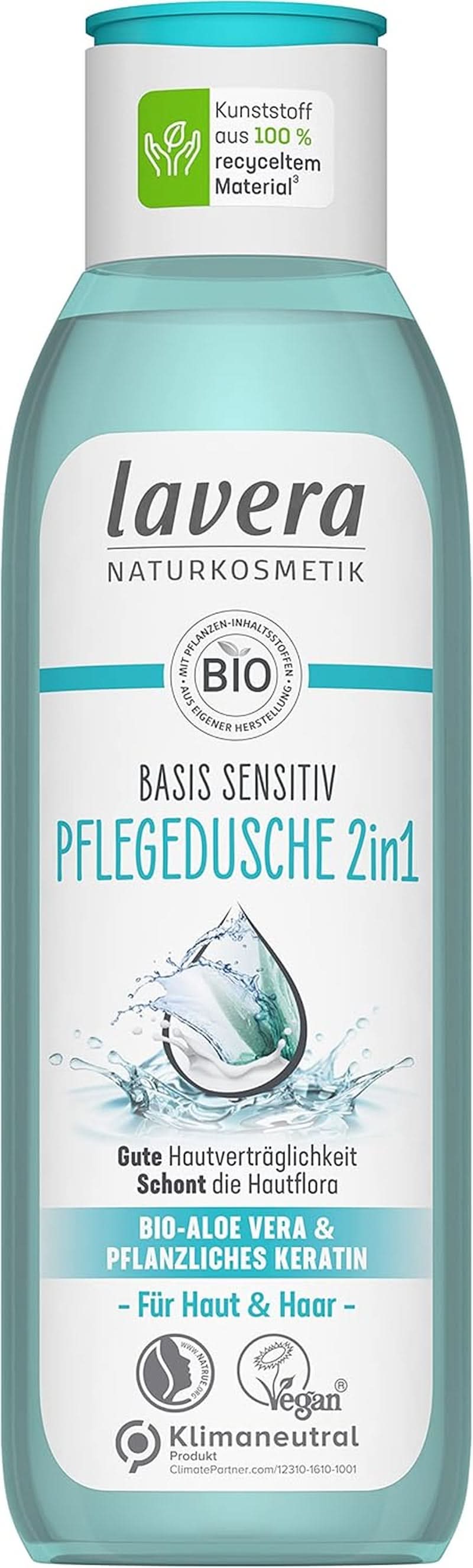 Lavera Care Basis Sensitiv 2 în 1, Șampon și gel de duș cu aloe vera bio și keratină vegetală, 250 ml Duș și baie Naty Shop