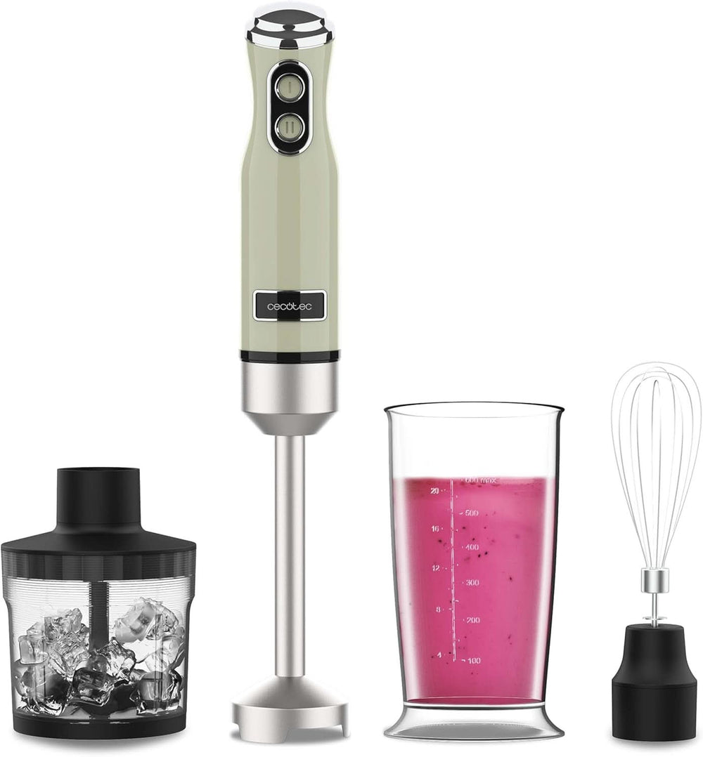 Cecotec Stabmixer Power Retrogreen 1200MAX Cream&Crush, Maximalleistung 1200 W, Crossblades-teknologi, 2 hastigheder, Zubehörset Spülmaschinenfest, Spritzschutzhaube Kitchen Naty Shop