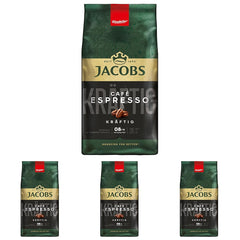 Boabe de cafea Jacobs Café Espresso 1kg – Puternice, picante, boabe Arabica și Robusta, intensitate 8/10, ideale pentru espresso (pachet de 4)
