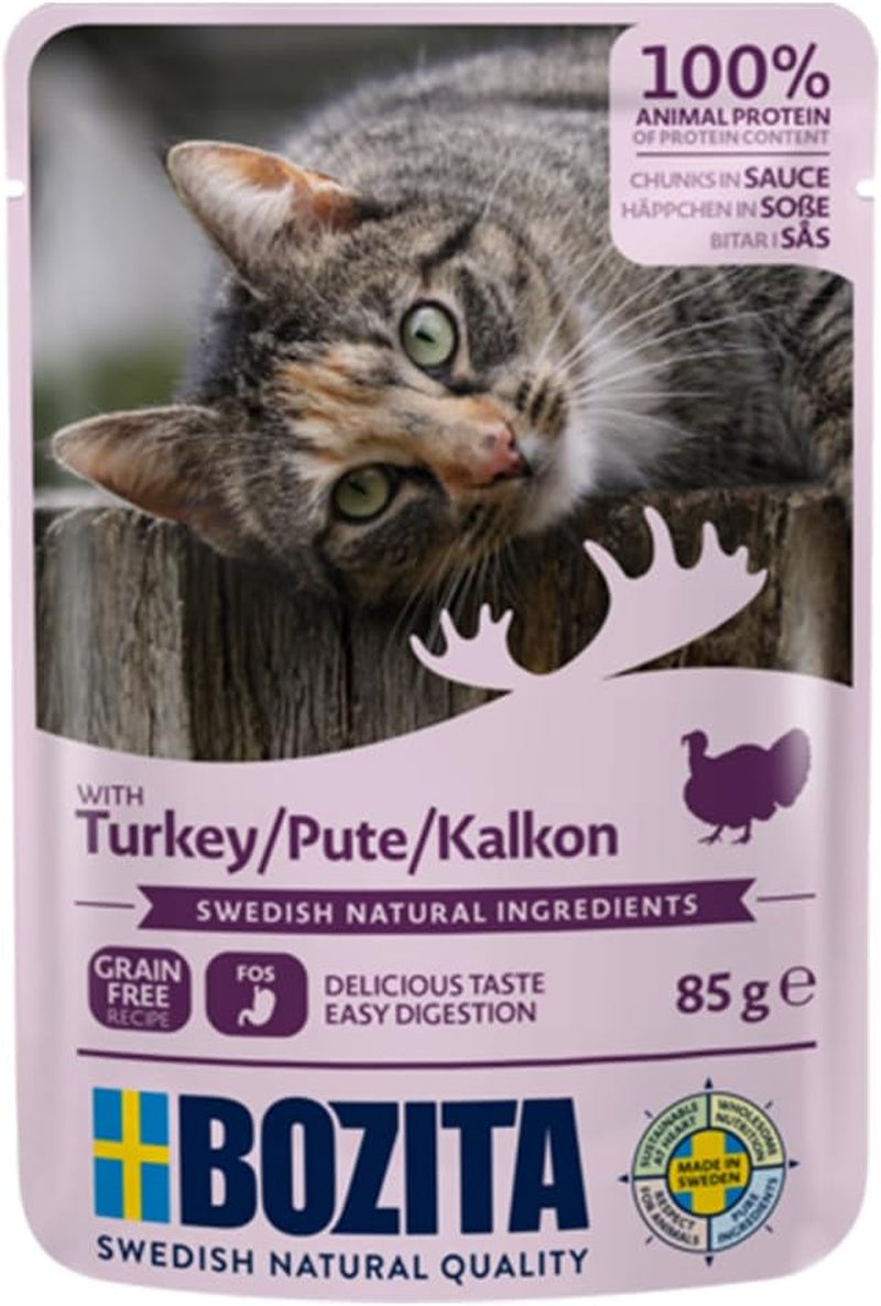 Bozita Pouch Hrană Umedă cu Bucăți în Sos și Curcan - 12 Pliculețe Porționate x 85g Hrană Fără Cereale și Fără Grâu pentru Pisici - Hrană Umedă pentru Pisici Adulte cu 8,5% Proteine și 4,5% Grăsimi