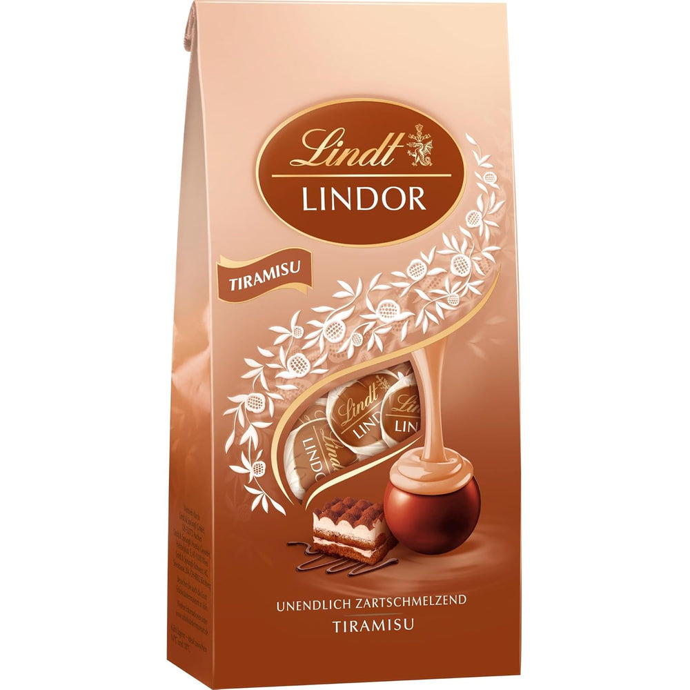 Lindt Chokolade | LINDOR Tiramisu Taske | 137g | 11 mælkechokoladekugler med smelte-i-mund-tiramisufyld | Gave af chokolade